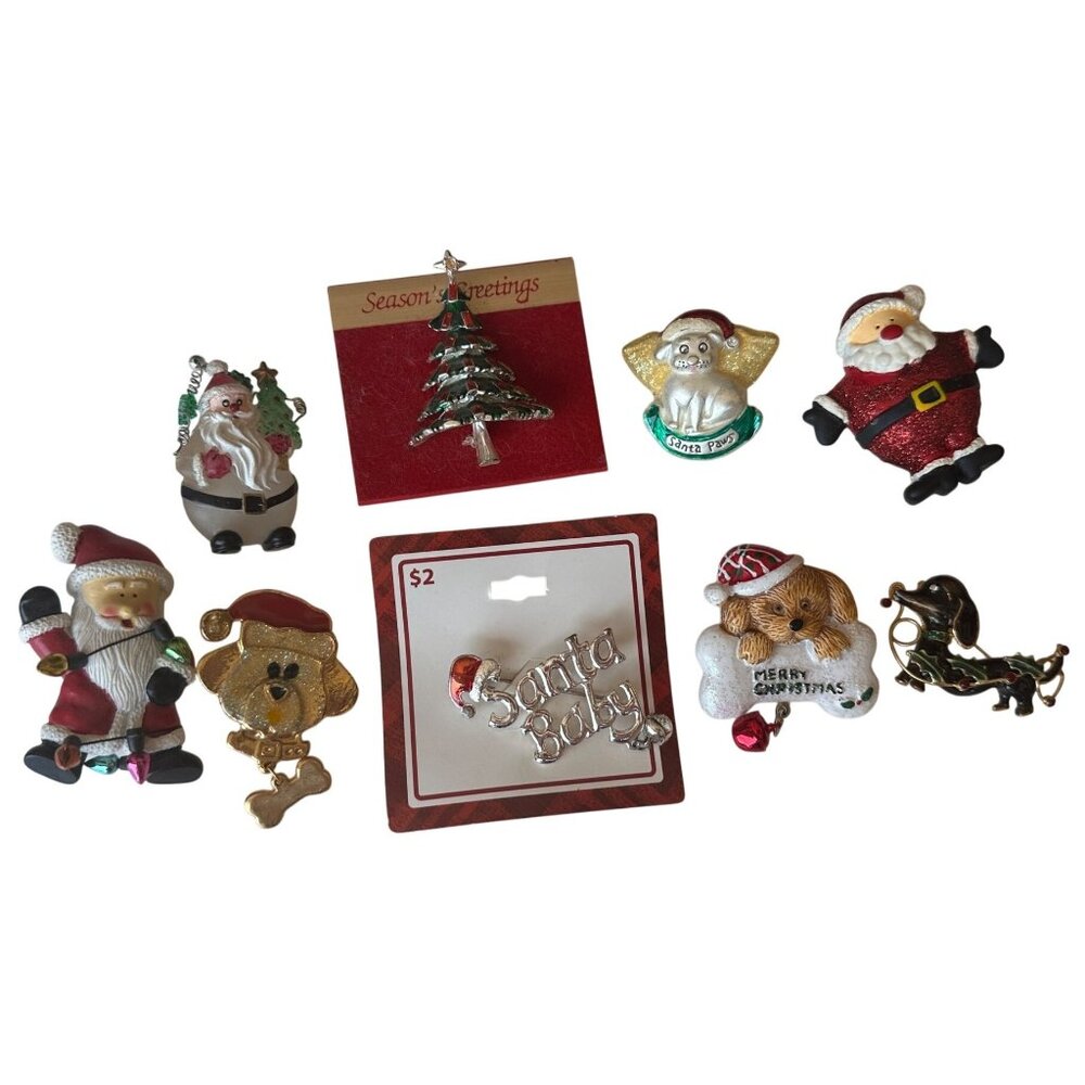 Mixed Lot of 9 Christmas Holiday Pins Santa, Dogs, Tree (READ)